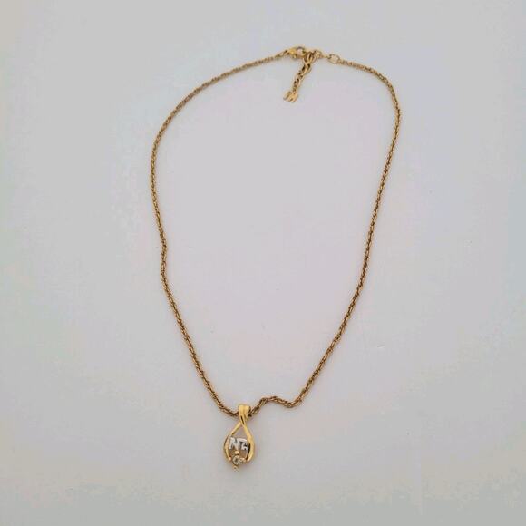 Vintage Nina Ricci NR Pendant Necklace Reighstones 14” Gold Chocker Teardrop - Picture 2 of 6